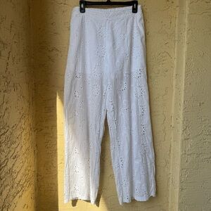 Dance In Paris Eyelet Straight Leg Pants White Cotton Summer Beach Resort